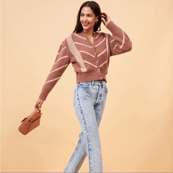 ROUJE PARIS TINA CARDIGAN SWEATER MAUVE PINK CREAM RETRO SOFT MOHAIR ALPACA SILK - Picture 2 of 6